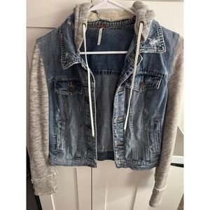 Free People Denim Hooded Jacket Blue Distressed Mixed Media Knit Sleeve Small